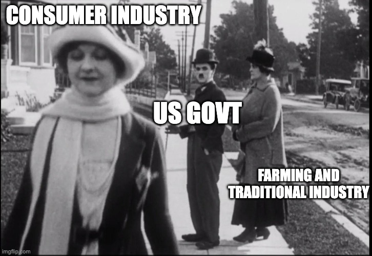 US GOVT IN 1920s | CONSUMER INDUSTRY; US GOVT; FARMING AND TRADITIONAL INDUSTRY | image tagged in distracted boyfriend charlie chaplin | made w/ Imgflip meme maker