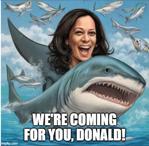 We're coming for you, Donald! | WE'RE COMING FOR YOU, DONALD! | image tagged in donald trump,kamala harris,shark | made w/ Imgflip meme maker