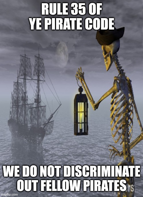 Ye Rules o' the Pirate Code | RULE 35 OF YE PIRATE CODE WE DO NOT DISCRIMINATE OUT FELLOW PIRATES | image tagged in ye rules o' the pirate code | made w/ Imgflip meme maker