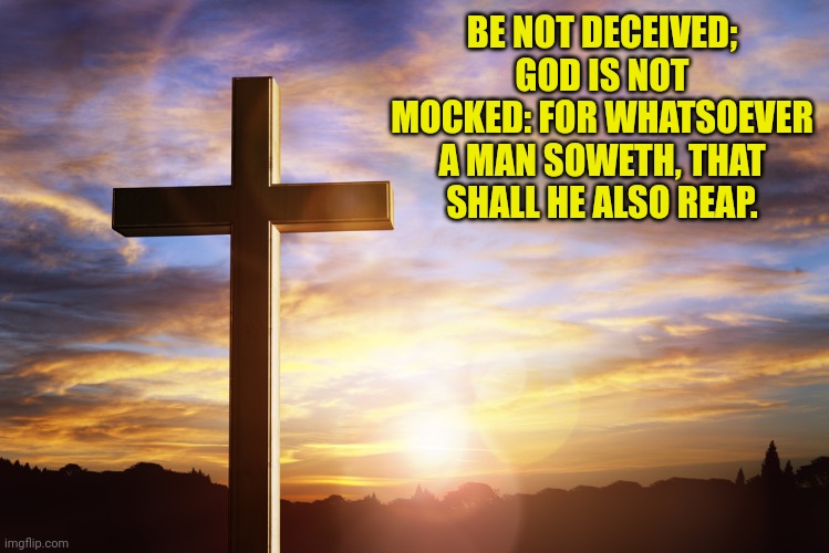 Bible Verse of the Day | BE NOT DECEIVED; GOD IS NOT MOCKED: FOR WHATSOEVER A MAN SOWETH, THAT SHALL HE ALSO REAP. | image tagged in bible verse of the day | made w/ Imgflip meme maker