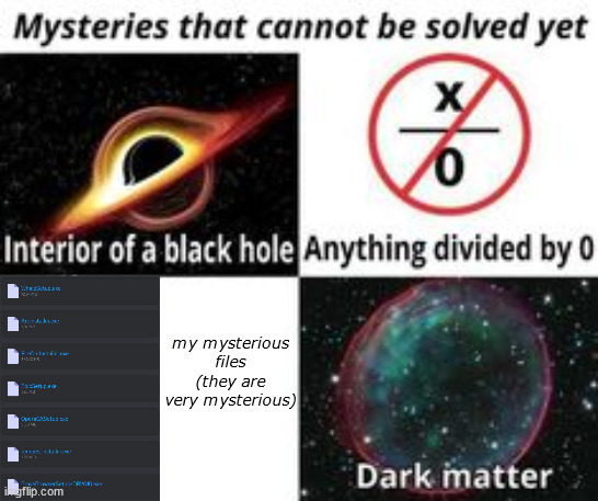 i am a mysterious file | my mysterious files (they are very mysterious) | image tagged in mysteries that cannot be solved yet | made w/ Imgflip meme maker