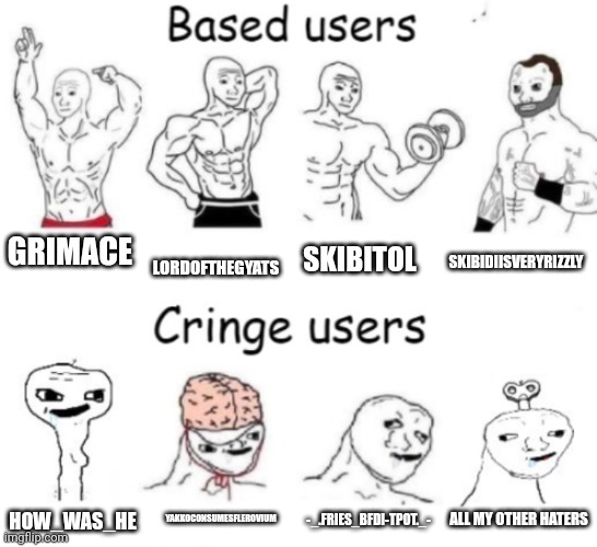 Based users v.s. cringe users | GRIMACE; LORDOFTHEGYATS; SKIBITOL; SKIBIDIISVERYRIZZLY; YAKKOCONSUMESFLEROVIUM; -_.FRIES_BFDI-TPOT._-; ALL MY OTHER HATERS; HOW_WAS_HE | image tagged in based users v s cringe users | made w/ Imgflip meme maker