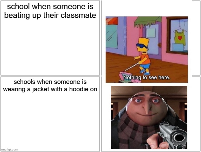 Blank Comic Panel 2x2 Meme | school when someone is beating up their classmate; schools when someone is wearing a jacket with a hoodie on | image tagged in memes,blank comic panel 2x2 | made w/ Imgflip meme maker