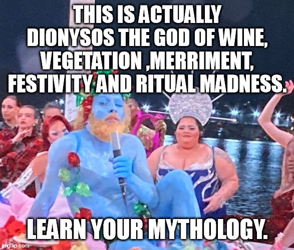 1 in 3 american youtubers knew Marie Antoinette. 0 in all american youtubers knew Dionysus. | THIS IS ACTUALLY DIONYSOS THE GOD OF WINE, VEGETATION ,MERRIMENT, FESTIVITY AND RITUAL MADNESS. LEARN YOUR MYTHOLOGY. | image tagged in blue man olympic games,america,youtube,history of the world,greece,olympics | made w/ Imgflip meme maker