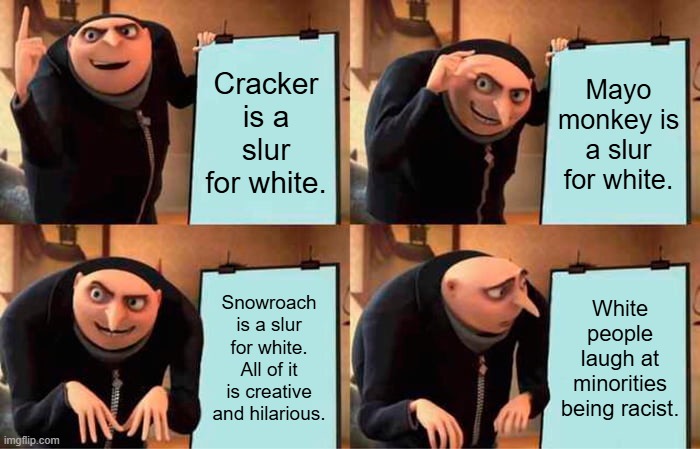 even though we probably should take it a little more serious. but not to seriously. | Cracker is a slur for white. Mayo monkey is a slur for white. Snowroach is a slur for white. All of it is creative and hilarious. White people laugh at minorities being racist. | image tagged in memes,gru's plan | made w/ Imgflip meme maker