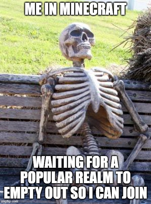 minecraft realm wait | ME IN MINECRAFT; WAITING FOR A POPULAR REALM TO EMPTY OUT SO I CAN JOIN | image tagged in memes,waiting skeleton | made w/ Imgflip meme maker