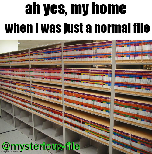 Filing cabinets | ah yes, my home; when i was just a normal file; @mysterious-file | image tagged in filing cabinets | made w/ Imgflip meme maker