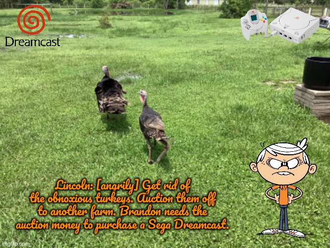 Get Rid of the Obnoxious Turkeys | Lincoln: [angrily] Get rid of the obnoxious turkeys. Auction them off to another farm. Brandon needs the auction money to purchase a Sega Dreamcast. | image tagged in sega,lincoln loud,the loud house,angry,loud house,video game | made w/ Imgflip meme maker