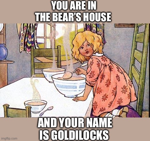 Goldilocks | YOU ARE IN THE BEAR’S HOUSE AND YOUR NAME IS GOLDILOCKS | image tagged in goldilocks | made w/ Imgflip meme maker