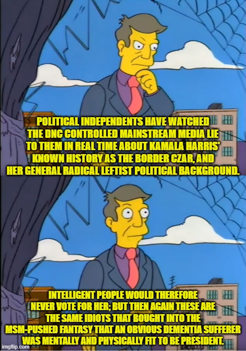 Sorry but in general, Political 'Independents' don't impress me. | POLITICAL INDEPENDENTS HAVE WATCHED THE DNC CONTROLLED MAINSTREAM MEDIA LIE TO THEM IN REAL TIME ABOUT KAMALA HARRIS' KNOWN HISTORY AS THE BORDER CZAR, AND HER GENERAL RADICAL LEFTIST POLITICAL BACKGROUND. INTELLIGENT PEOPLE WOULD THEREFORE NEVER VOTE FOR HER; BUT THEN AGAIN THESE ARE THE SAME IDIOTS THAT BOUGHT INTO THE MSM-PUSHED FANTASY THAT AN OBVIOUS DEMENTIA SUFFERER WAS MENTALLY AND PHYSICALLY FIT TO BE PRESIDENT. | image tagged in skinner out of touch | made w/ Imgflip meme maker