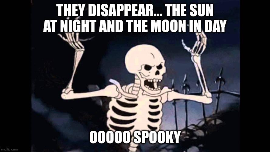 Spooky Skeleton | THEY DISAPPEAR... THE SUN AT NIGHT AND THE MOON IN DAY OOOOO SPOOKY | image tagged in spooky skeleton | made w/ Imgflip meme maker