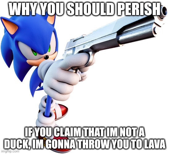 To grimace | WHY YOU SHOULD PERISH; IF YOU CLAIM THAT IM NOT A DUCK, IM GONNA THROW YOU TO LAVA | image tagged in sonic with a gun | made w/ Imgflip meme maker