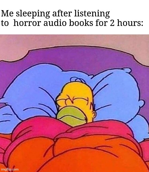 Homer Simpson sleeping peacefully | Me sleeping after listening to  horror audio books for 2 hours: | image tagged in homer simpson sleeping peacefully,frost | made w/ Imgflip meme maker