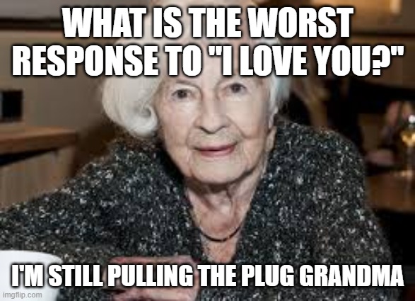 Grandmother | WHAT IS THE WORST RESPONSE TO "I LOVE YOU?"; I'M STILL PULLING THE PLUG GRANDMA | image tagged in grandmother | made w/ Imgflip meme maker