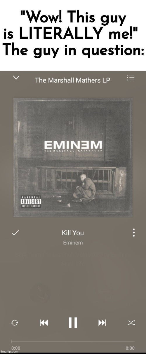 "Wow! This guy is LITERALLY me!" 
The guy in question: | made w/ Imgflip meme maker