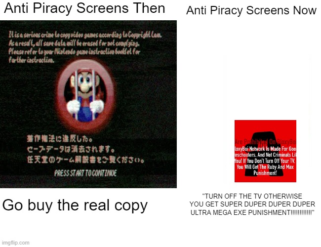 Anti Piracy Screens Then vs Now. and yeah. Anti piracys Are Spammnig Everywhere All Due to BabyFirstTV Anti Piracy Screen. | Anti Piracy Screens Then; Anti Piracy Screens Now; Go buy the real copy; "TURN OFF THE TV OTHERWISE YOU GET SUPER DUPER DUPER DUPER ULTRA MEGA EXE PUNISHMENT!!!!!!!!!!!!" | image tagged in memes,buff doge vs cheems,anti piracy | made w/ Imgflip meme maker