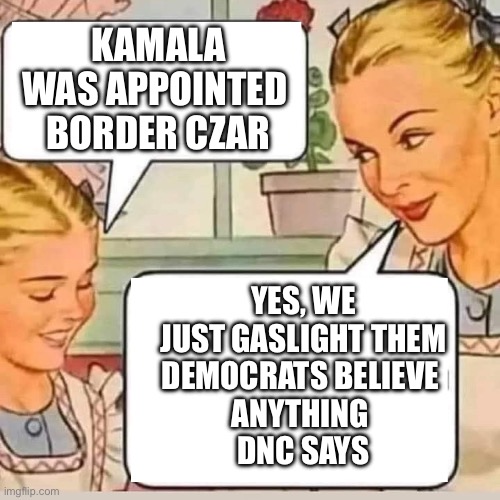 Kamala For the Win | KAMALA WAS APPOINTED 
BORDER CZAR; YES, WE JUST GASLIGHT THEM
DEMOCRATS BELIEVE 
ANYTHING 
DNC SAYS | image tagged in mom knows,memes,funny,gifs,willy wonka | made w/ Imgflip meme maker