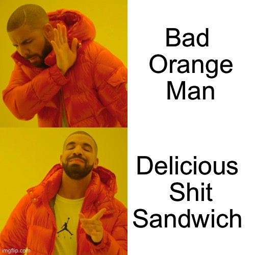 Drake Hotline Bling Meme | Bad 
Orange
 Man Delicious 
Shit
Sandwich | image tagged in memes,drake hotline bling | made w/ Imgflip meme maker