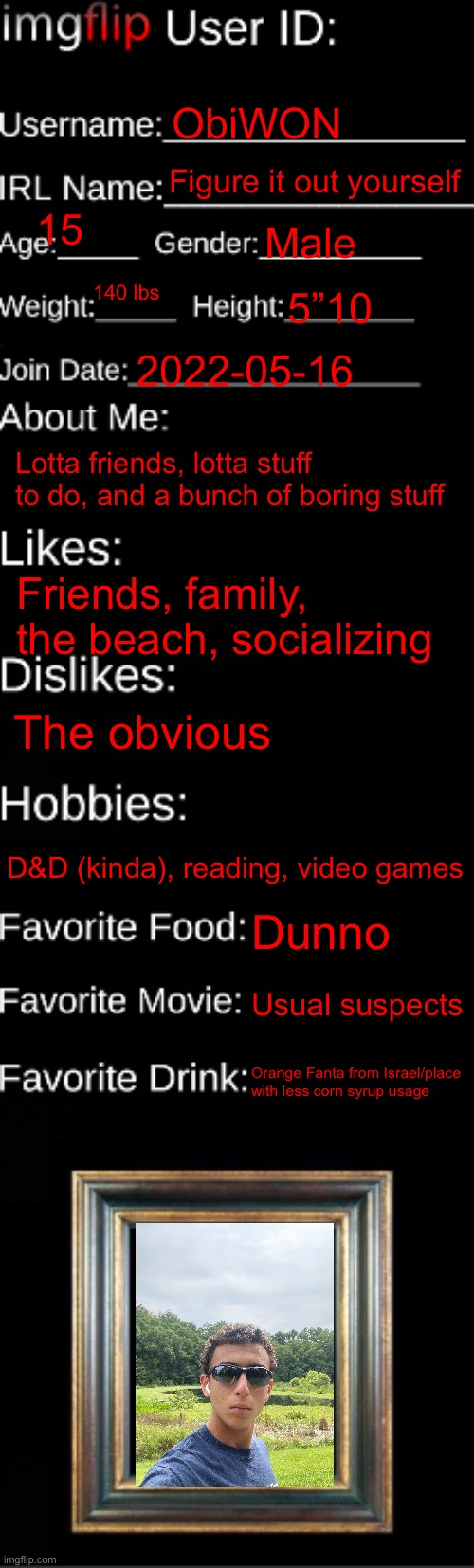 In the car riding to the beach. I am very bored | ObiWON; Figure it out yourself; 15; Male; 140 lbs; 5”10; 2022-05-16; Lotta friends, lotta stuff to do, and a bunch of boring stuff; Friends, family, the beach, socializing; The obvious; D&D (kinda), reading, video games; Dunno; Usual suspects; Orange Fanta from Israel/place with less corn syrup usage | image tagged in imgflip id card | made w/ Imgflip meme maker