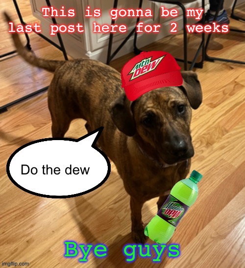 Do the dew | This is gonna be my last post here for 2 weeks; Bye guys | image tagged in do the dew | made w/ Imgflip meme maker