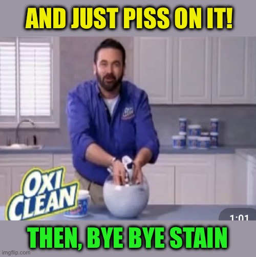 Oxi Clean | AND JUST PISS ON IT! THEN, BYE BYE STAIN | image tagged in oxi clean | made w/ Imgflip meme maker