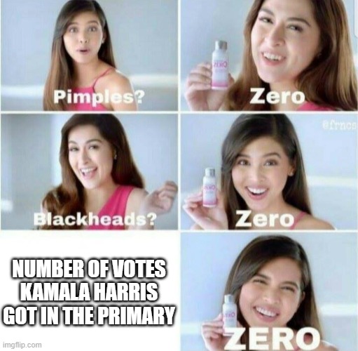 Votes, Zero | NUMBER OF VOTES KAMALA HARRIS GOT IN THE PRIMARY | image tagged in pimples zero,kamala harris,blm | made w/ Imgflip meme maker