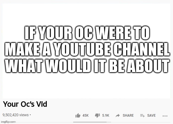 Pandora would make a channel all about high places. High diving, skydiving etc. And vex would (not very willingly) be her camera | IF YOUR OC WERE TO MAKE A YOUTUBE CHANNEL WHAT WOULD IT BE ABOUT; Your Oc's Vid | image tagged in youtube video template | made w/ Imgflip meme maker