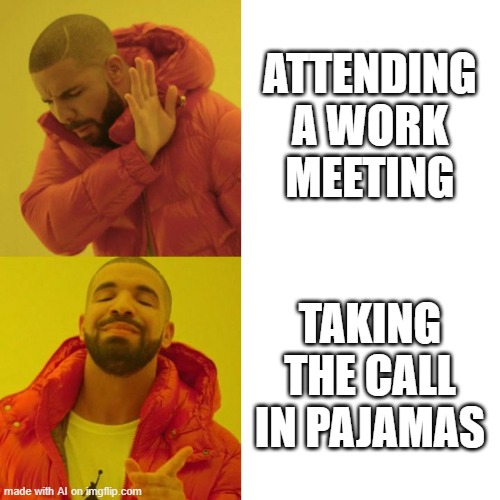 meme1 | ATTENDING A WORK MEETING; TAKING THE CALL IN PAJAMAS | image tagged in drake blank | made w/ Imgflip meme maker