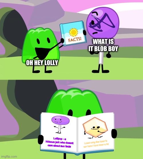 Lollipop definition | WHAT IS IT BLOB BOY; OH HEY LOLLY; Lollipop - a hideous jerk who dosent care about sun facts; Loser-omg like loser is our hero I love loser a lot | image tagged in gelatin's book of facts | made w/ Imgflip meme maker