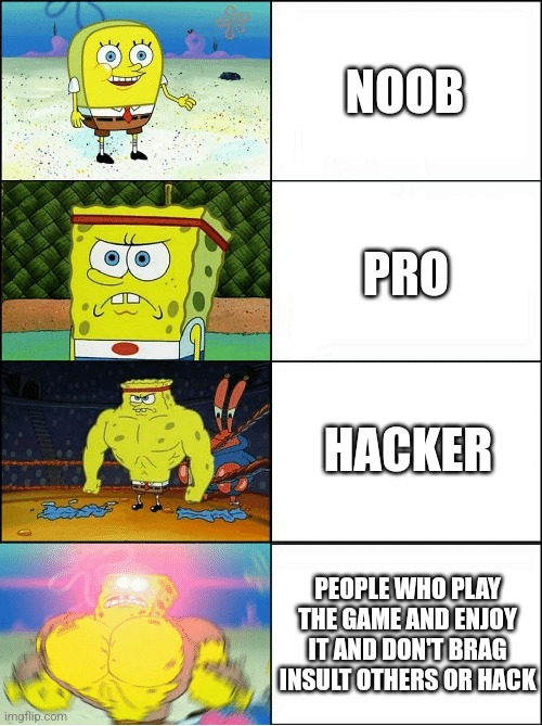 Sponge Finna Commit Muder | NOOB PRO HACKER PEOPLE WHO PLAY THE GAME AND ENJOY IT AND DON'T BRAG INSULT OTHERS OR HACK | image tagged in sponge finna commit muder | made w/ Imgflip meme maker