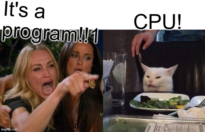 Woman Yelling At Cat Meme | It's a program!!1; CPU! | image tagged in memes,woman yelling at cat | made w/ Imgflip meme maker