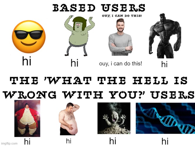 test :P | hi; hi; ouy, i can do this! hi; hi; hi; hi; hi | image tagged in based vs cringe users wgon edition,hi,ouy i can do this | made w/ Imgflip meme maker