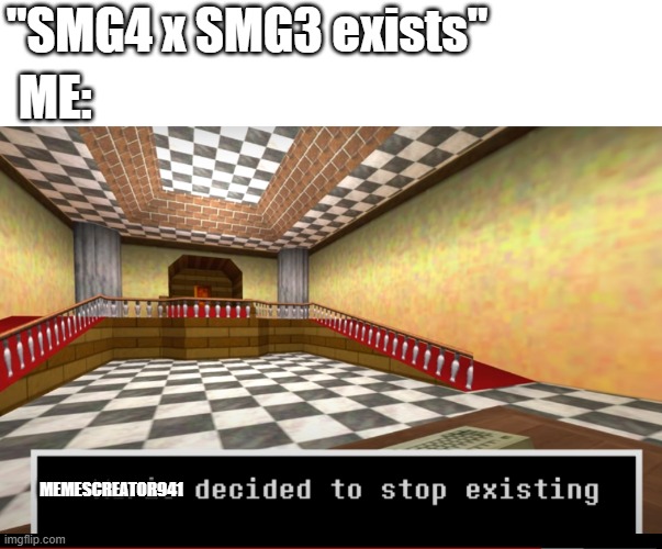 WHY THERE IS SMG34 | "SMG4 x SMG3 exists"; ME:; MEMESCREATOR941 | image tagged in mario decided to stop existing,smg4,oh hell no,memes,oh wow are you actually reading these tags | made w/ Imgflip meme maker