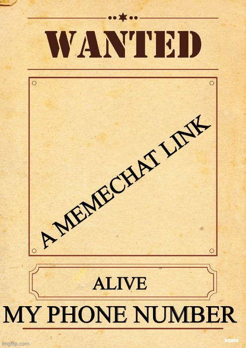 Send me a meme chat and I’ll give you my number I won’t be able to call for a bit cause I’m talking with my cousin who just got  | A MEMECHAT LINK; ALIVE; MY PHONE NUMBER | image tagged in blank wanted poster | made w/ Imgflip meme maker