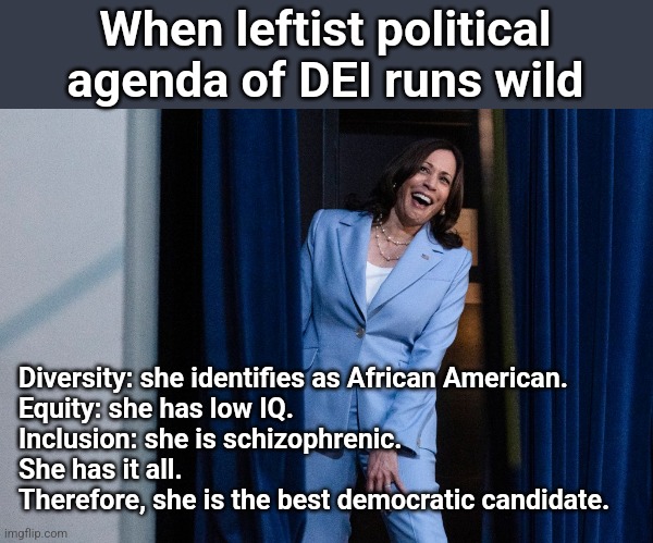 Kamala cackle | When leftist political agenda of DEI runs wild; Diversity: she identifies as African American.
Equity: she has low IQ.
Inclusion: she is schizophrenic.
She has it all. 
Therefore, she is the best democratic candidate. | image tagged in kamala cackle | made w/ Imgflip meme maker