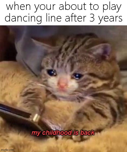 this shit is how i feel | when your about to play dancing line after 3 years; my childhood is back | image tagged in crying cat on phone,memes,funny,dancing line,3 years | made w/ Imgflip meme maker