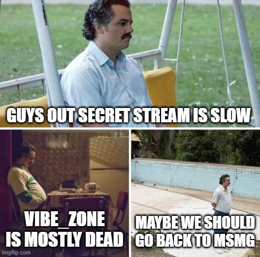 Sad Pablo Escobar | GUYS OUT SECRET STREAM IS SLOW; VIBE_ZONE IS MOSTLY DEAD; MAYBE WE SHOULD GO BACK TO MSMG | made w/ Imgflip meme maker