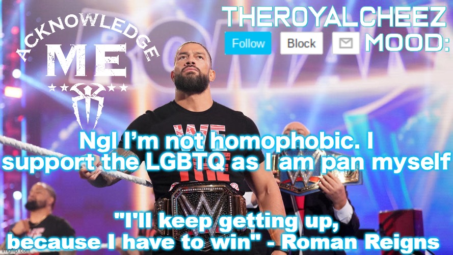 So yes I am part of the LGBT community -_- | Ngl I’m not homophobic. I support the LGBTQ as I am pan myself | image tagged in cheez's roman reigns temp v3 | made w/ Imgflip meme maker