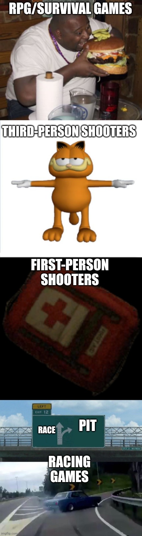 RPG/SURVIVAL GAMES THIRD-PERSON SHOOTERS FIRST-PERSON SHOOTERS RACE PIT RACING GAMES | image tagged in fat guy eating burger,garfield t-pose,medkit,memes,left exit 12 off ramp | made w/ Imgflip meme maker