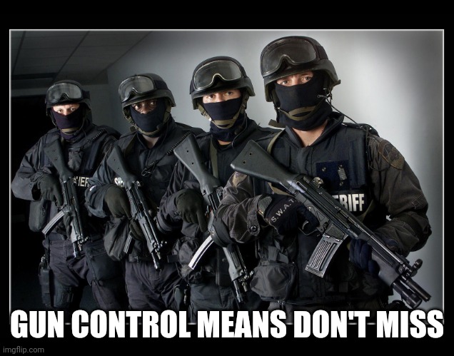 Sheriff's SWAT Team | GUN CONTROL MEANS DON'T MISS | image tagged in sheriff's swat team | made w/ Imgflip meme maker