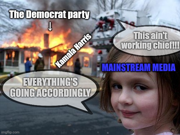 Trust us, you're not capable of rationalizing | The Democrat party 
↓; This ain't working chief!!! Kamala Harris; MAINSTREAM MEDIA; EVERYTHING'S GOING ACCORDINGLY | image tagged in memes,disaster girl | made w/ Imgflip meme maker