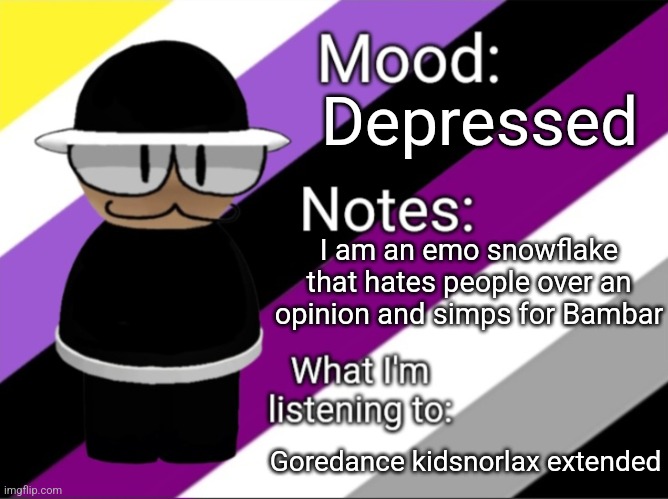 BenoitX's LGBTQ Announcement Temp | Depressed I am an emo snowflake that hates people over an opinion and simps for Bambar Goredance kidsnorlax extended | image tagged in shadow_benoitx's lgbtq announcement temp | made w/ Imgflip meme maker