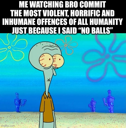 Yo…it was a joke, w-w-what…WHAT HAVE YOU DONE- | ME WATCHING BRO COMMIT THE MOST VIOLENT, HORRIFIC AND INHUMANE OFFENCES OF ALL HUMANITY JUST BECAUSE I SAID “NO BALLS” | image tagged in scared squidward | made w/ Imgflip meme maker