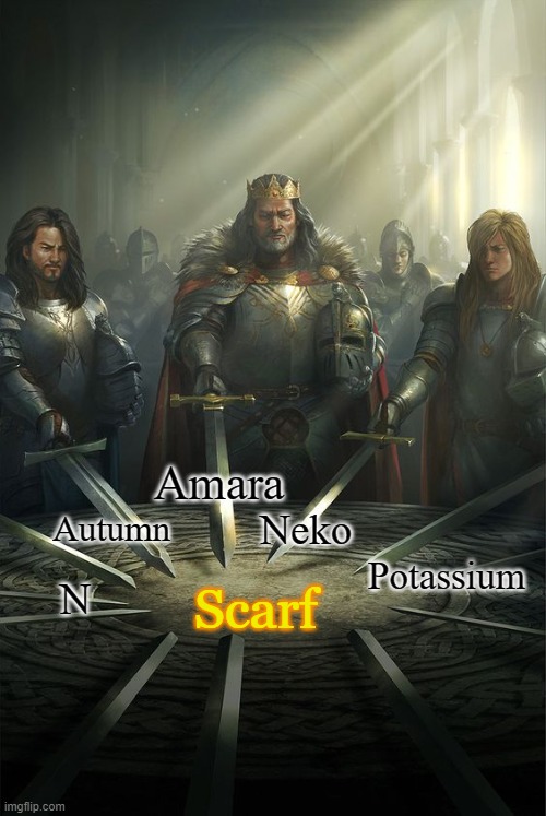 Knights of the round table 9 boxes | Amara; Neko; Autumn; Potassium; Scarf; N | image tagged in knights of the round table 9 boxes | made w/ Imgflip meme maker