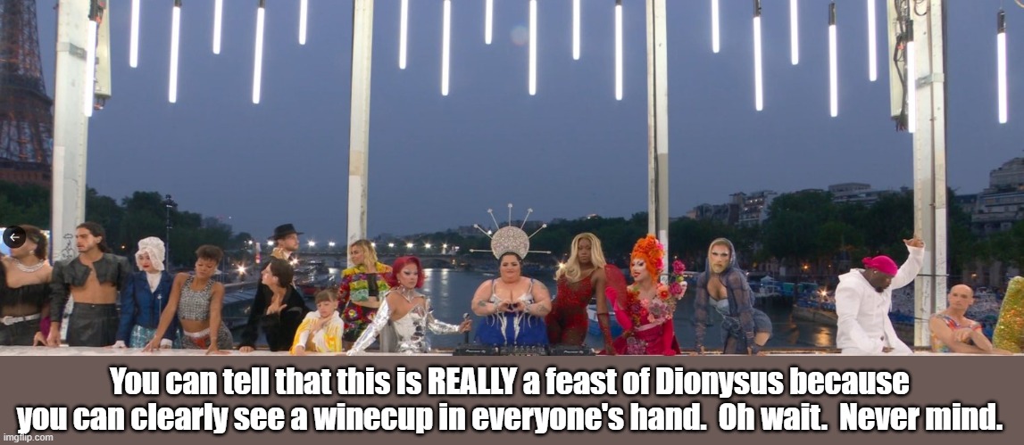 Where are the winecups?? | You can tell that this is REALLY a feast of Dionysus because you can clearly see a winecup in everyone's hand.  Oh wait.  Never mind. | image tagged in olympics | made w/ Imgflip meme maker