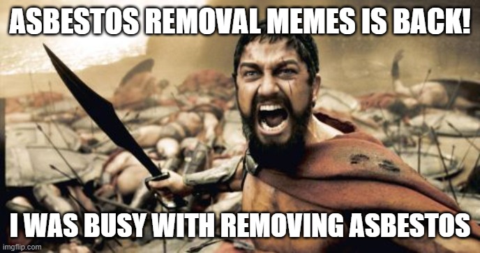 apologies for the inactivity. | ASBESTOS REMOVAL MEMES IS BACK! I WAS BUSY WITH REMOVING ASBESTOS | image tagged in memes,sparta leonidas | made w/ Imgflip meme maker