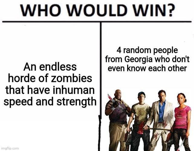 Who Would Win? | 4 random people from Georgia who don't even know each other; An endless horde of zombies that have inhuman speed and strength | image tagged in memes,who would win | made w/ Imgflip meme maker