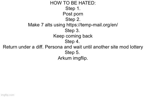 HOW TO BE HATED:
Step 1.
Post porn
Step 2.
Make 7 alts using https://temp-mail.org/en/
Step 3. 
Keep coming back
Step 4. 
Return under a diff. Persona and wait until another site mod lottery
Step 5. 
Arkum imgflip. | made w/ Imgflip meme maker
