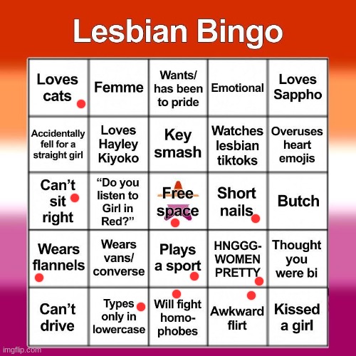 Ok I'm actually abrosexual but most of the time I like girls soooooo | image tagged in lesbian bingo | made w/ Imgflip meme maker