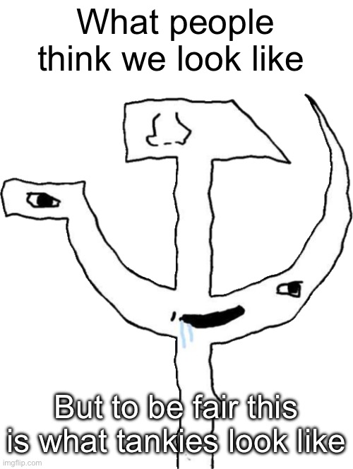 We aren't all tankies though | What people think we look like; But to be fair this is what tankies look like | image tagged in hammer and sickle brainlet,tankies,tankie,communist,leftist | made w/ Imgflip meme maker